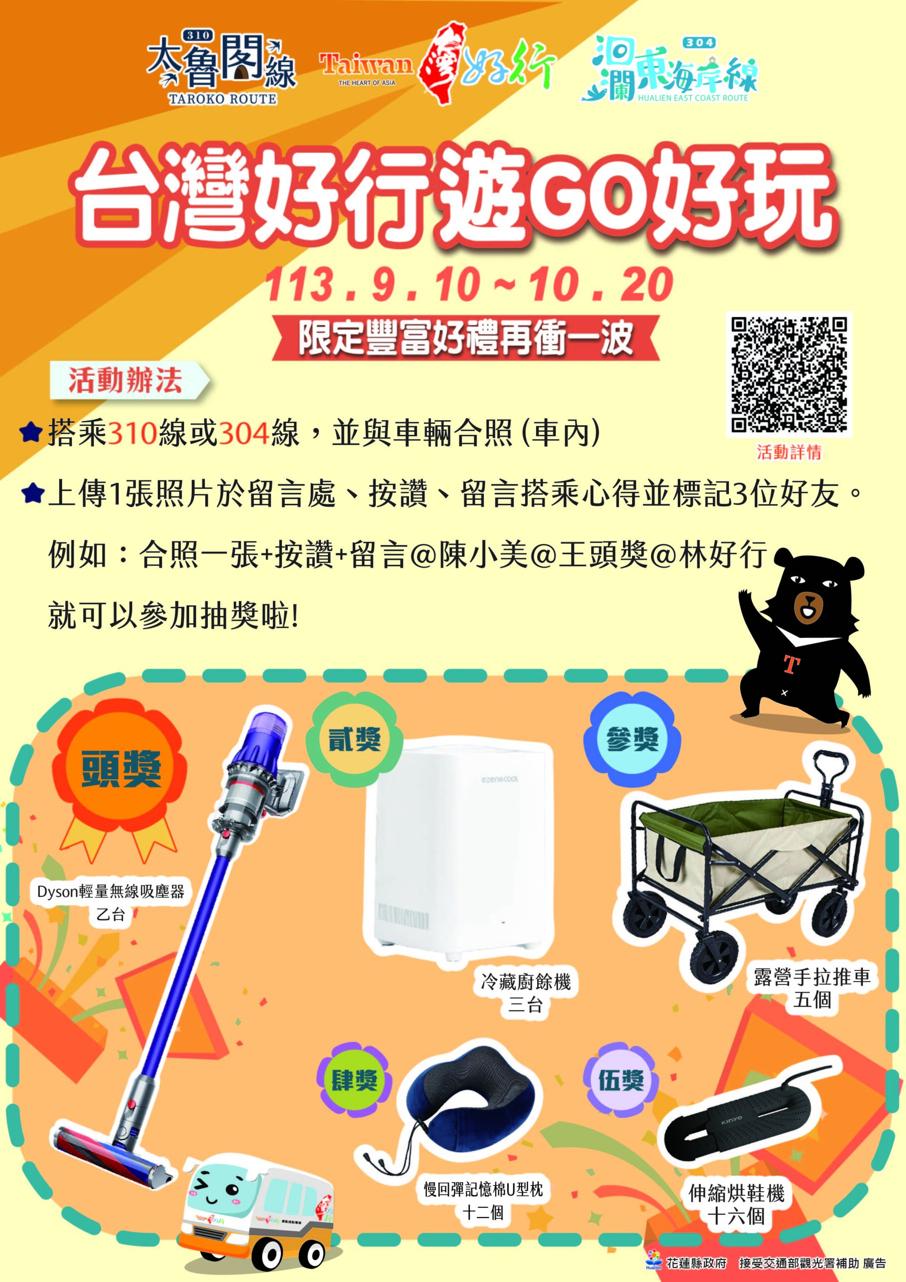 持電子票證免費搭乘台灣好行304洄瀾東海岸線或310太魯閣線  還能「抽大獎」