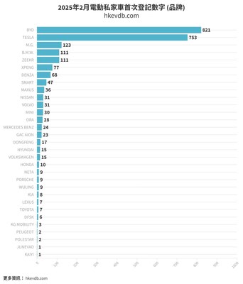 2025年2月電動私家車首次登記數字(品牌)