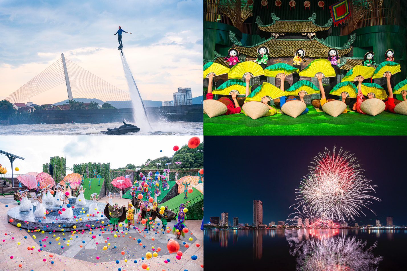 從左至右、從上至下分別為：「大江覺醒」表演、奧歐劇院的越南木偶戲 (Roi Viet) 表演、「仙花盛會」表演及 2024 年峴港國際煙花節。