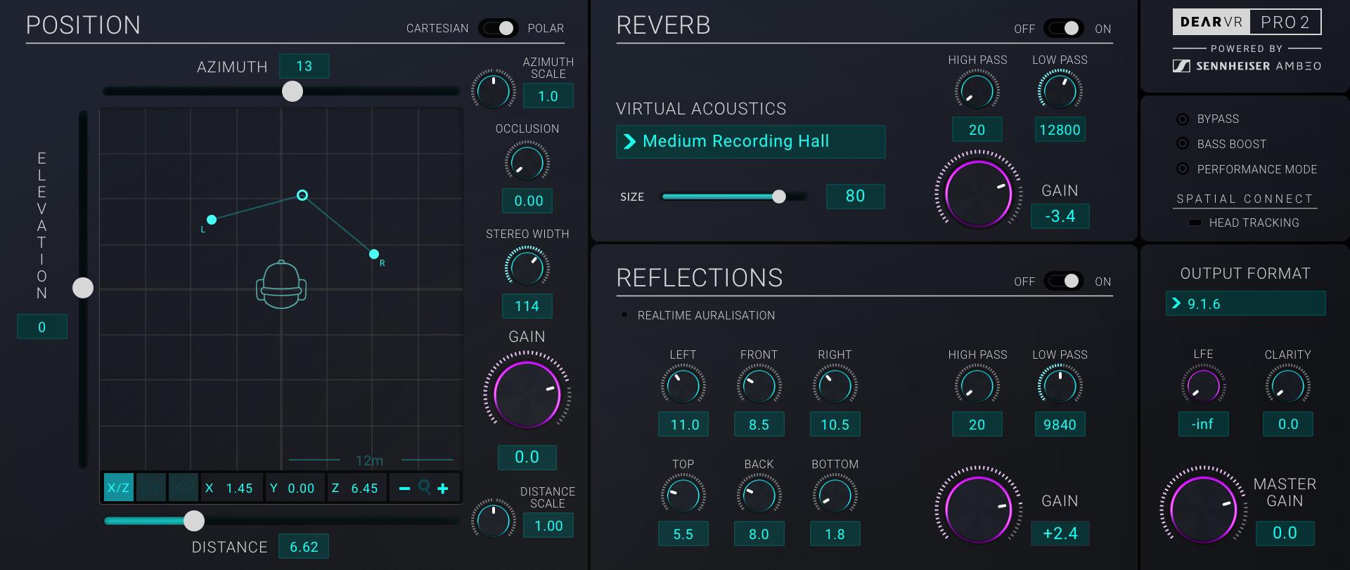 dearVR PRO 2 圖形介面，包含 XYZ 位置、早期反射、後期混響和輸出部分